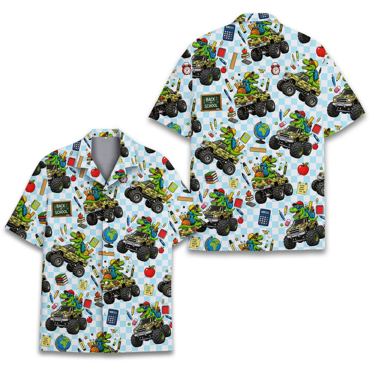 Additional front view of the abstract hawaiian shirt in light blue