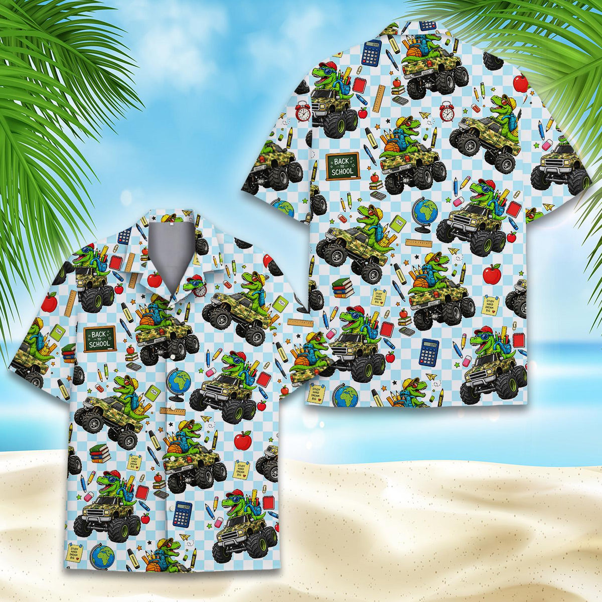 Detailed front view of the back to school hawaiian shirt design