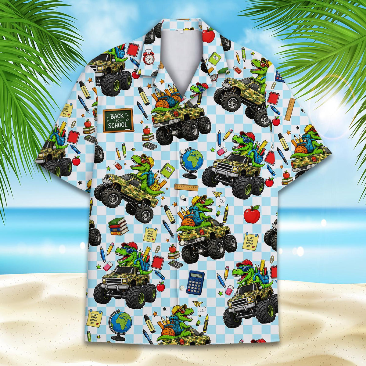 Front view of the back hawaiian shirt with cartoon dinosaurs and back-to-school items