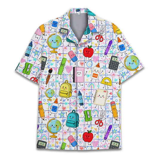 Front view of the school hawaiian shirt featuring cartoon school supplies on lined paper background