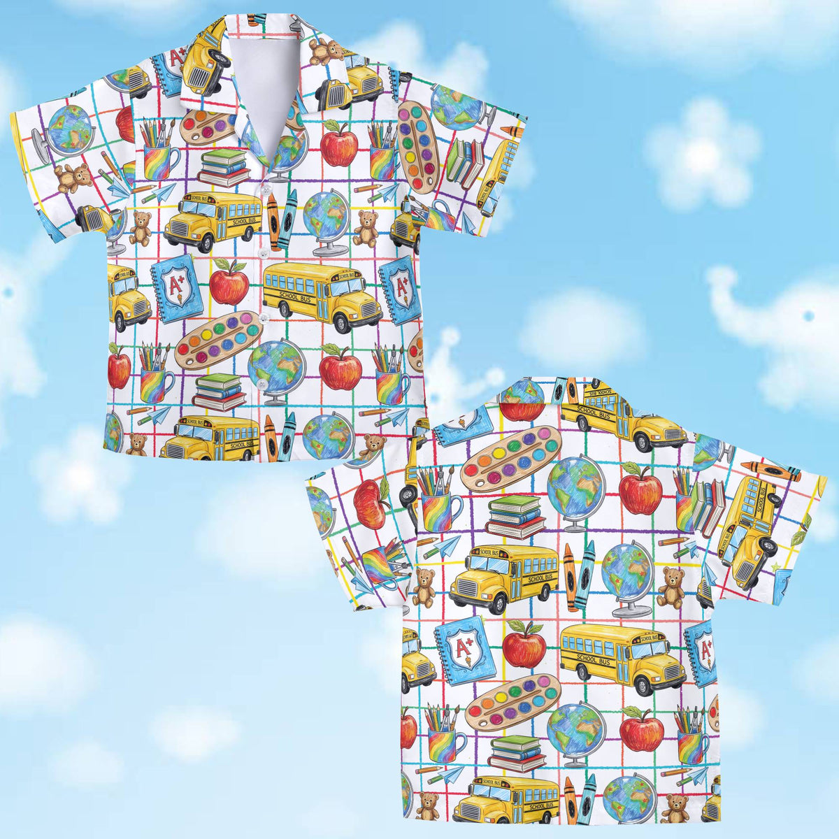 Matching family white back hawaiian shirt with school buses and apples