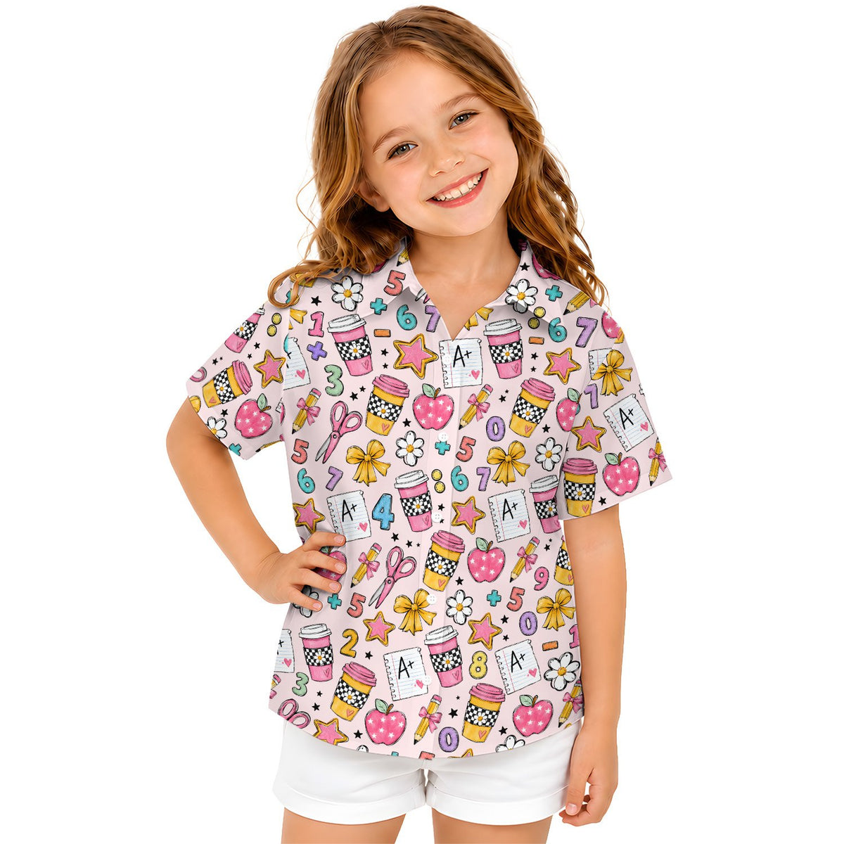 Light pink back to school hawaiian shirt featuring school-related doodles, front view