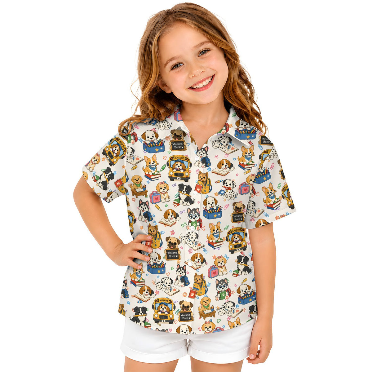 Front view of the back to school hawaiian shirt with cartoon dogs