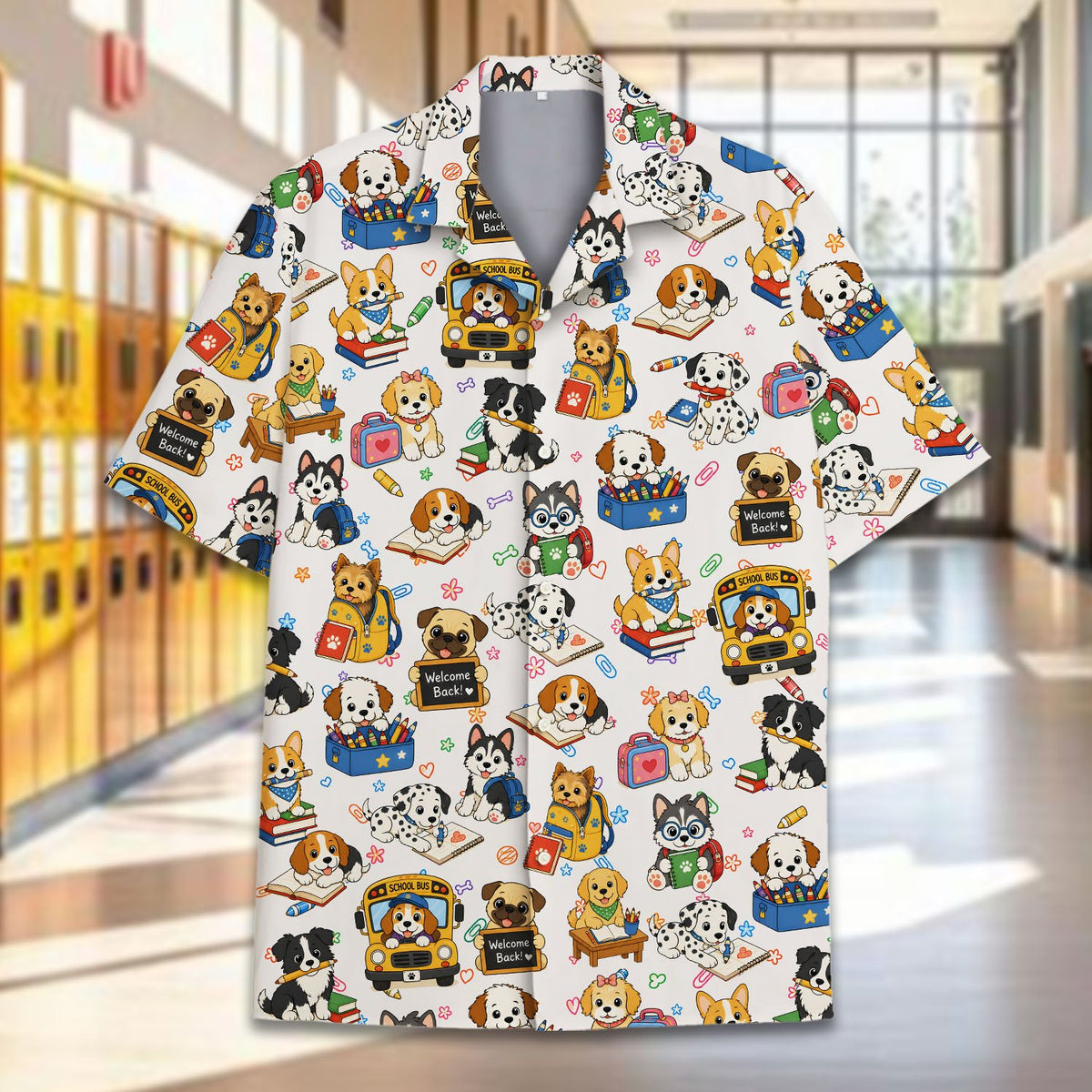 Another lifestyle view of the dog back to school hawaiian shirt