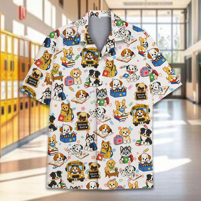 Another lifestyle view of the dog back to school hawaiian shirt