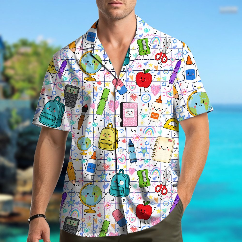 Lifestyle image of dad and kids in matching school hawaiian shirts