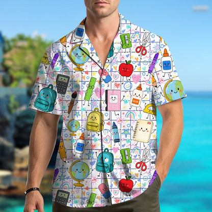 Lifestyle image of dad and kids in matching school hawaiian shirts