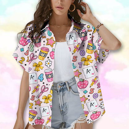 Lifestyle view 3 of someone wearing the back to school hawaiian shirt with pink doodles