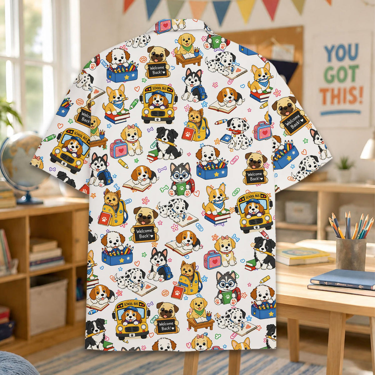 Lifestyle view showing the cute cartoon dogs design on the shirt
