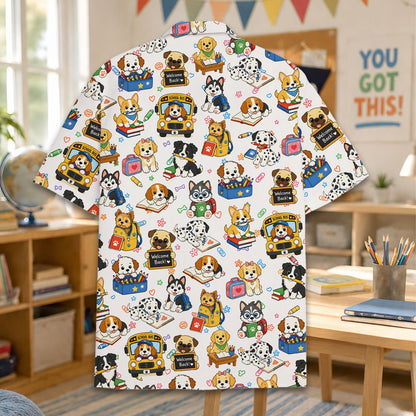 Lifestyle view showing the cute cartoon dogs design on the shirt