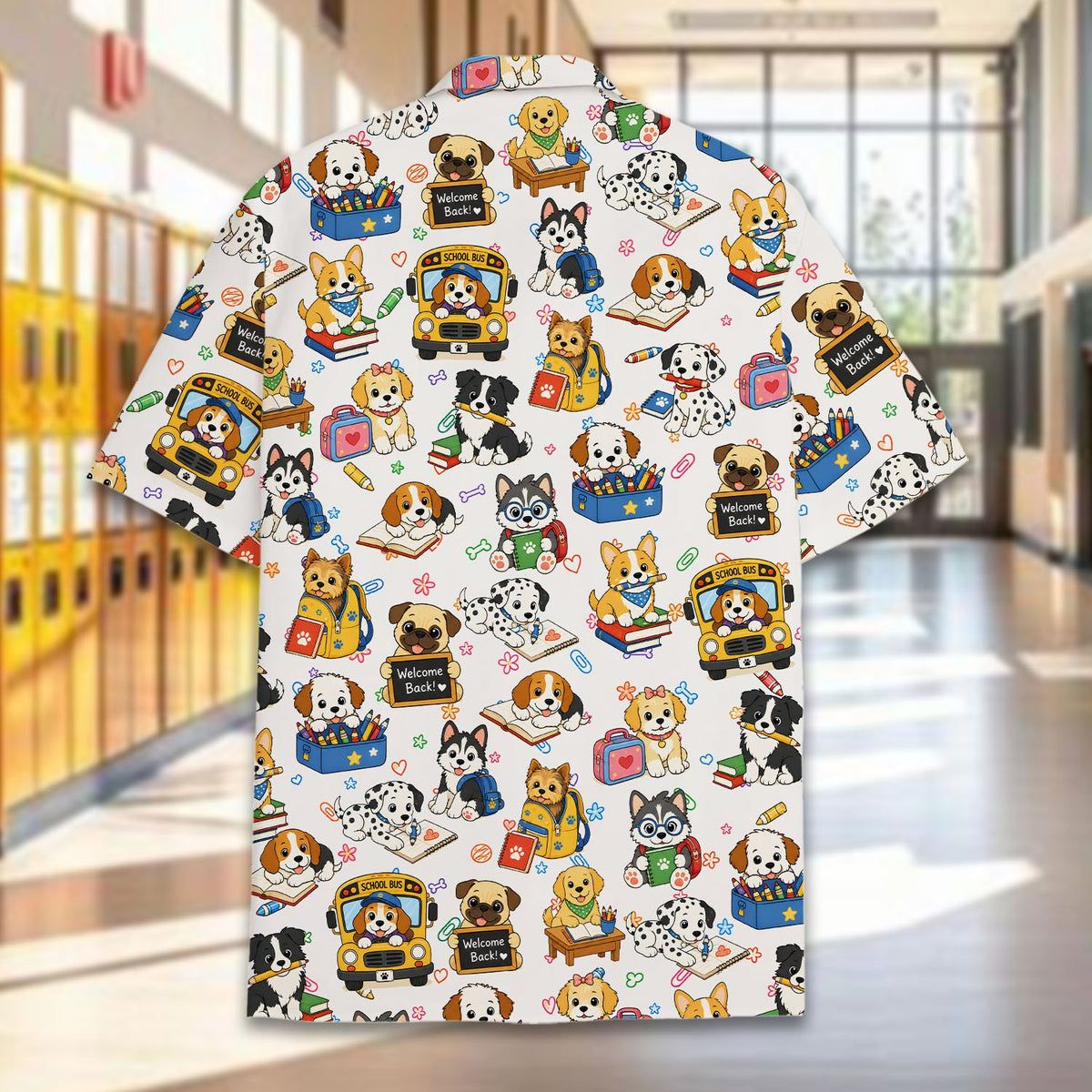Close up lifestyle view of the school supplies hawaiian shirt