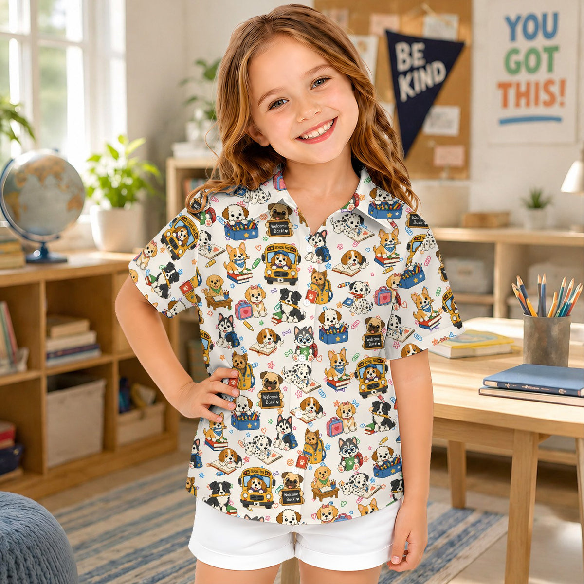 Fun lifestyle view wearing the back to school hawaiian shirt outdoors