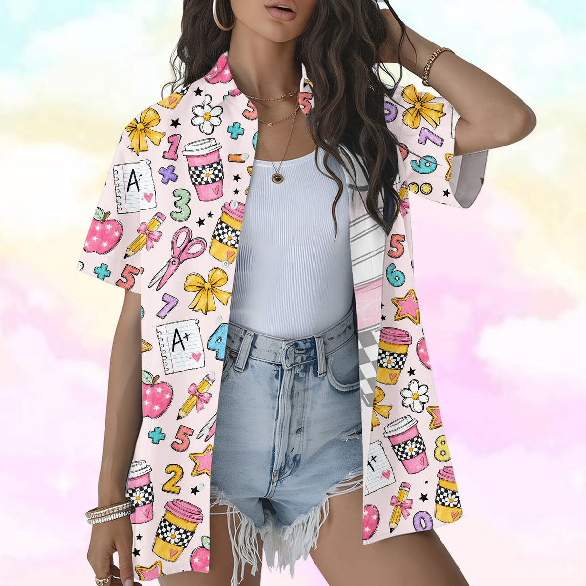 Lifestyle view 6 of someone wearing the back to school hawaiian shirt with pink doodles