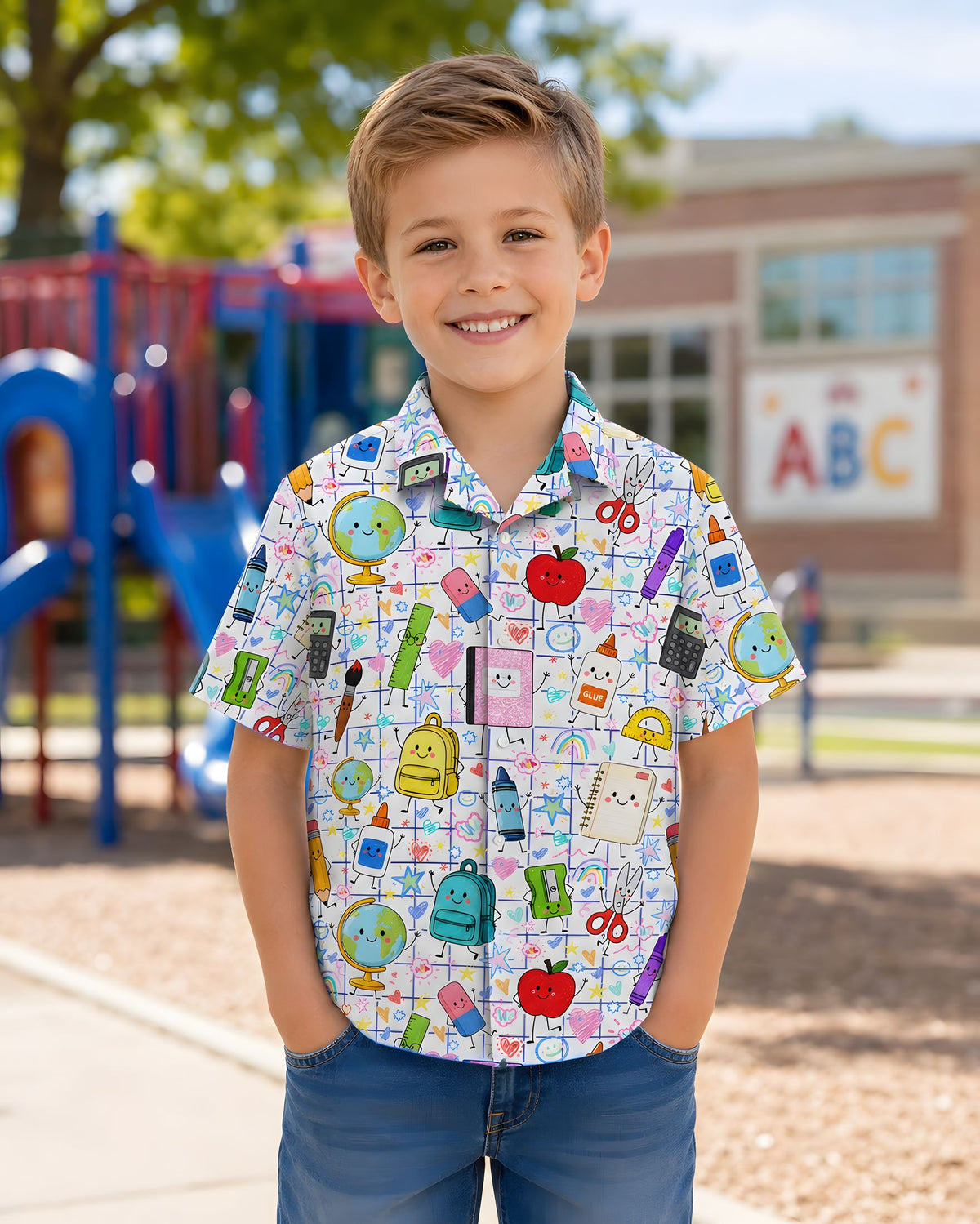 Final lifestyle view of the back to school matching family apparel