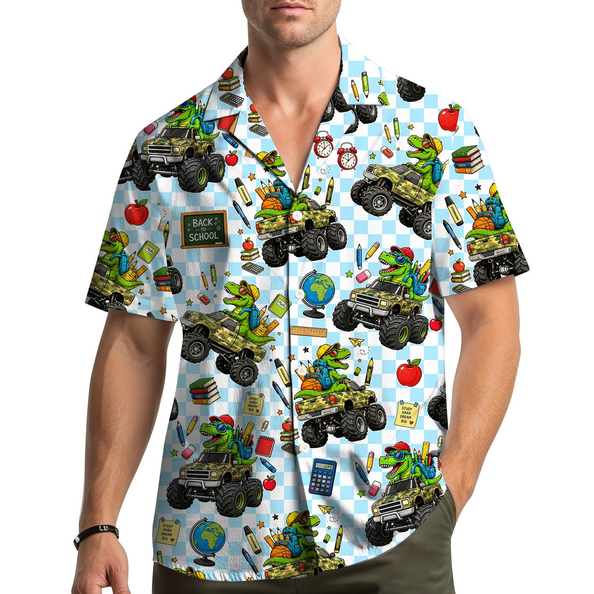 Lifestyle view of the dinosaur back to school hawaiian shirt being worn