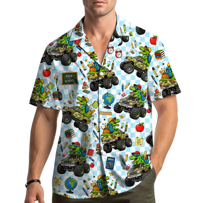Lifestyle view of the dinosaur back to school hawaiian shirt being worn