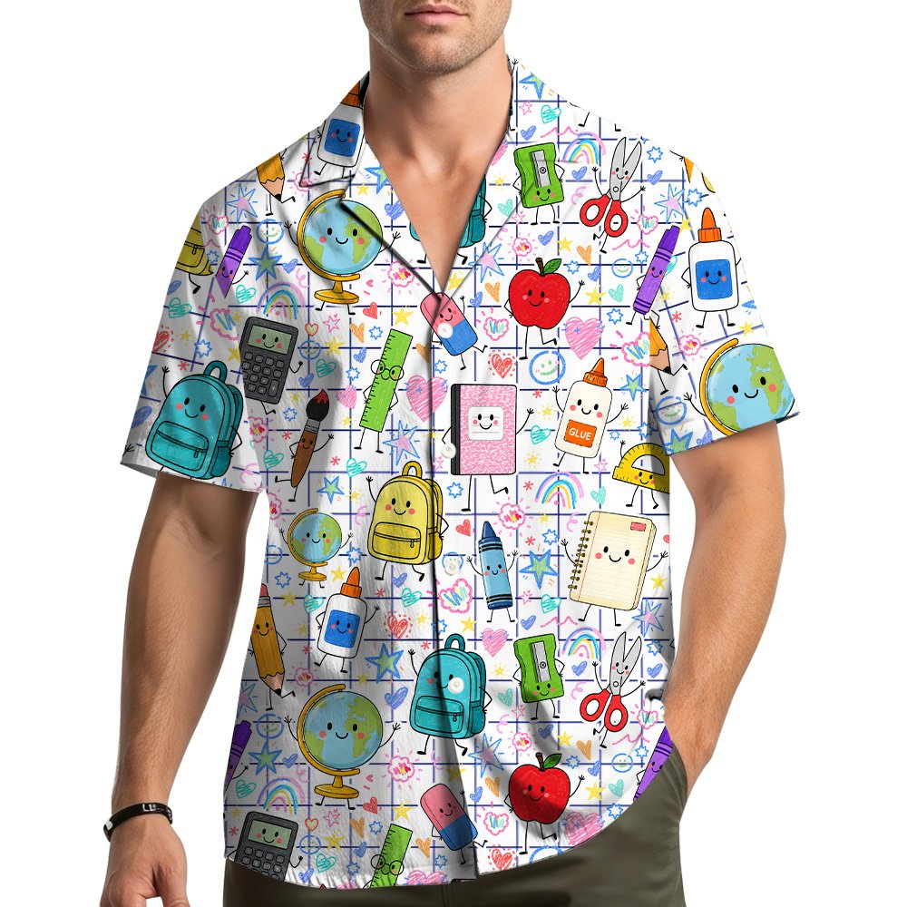 Lifestyle view of family wearing the matching family hawaiian shirts with back to school design