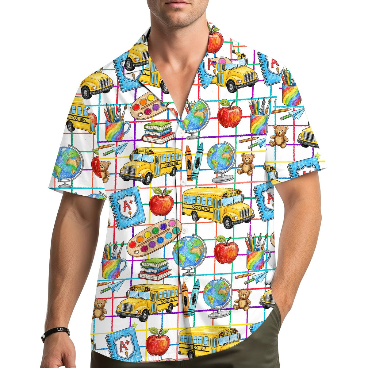Lifestyle view of a family wearing matching family hawaiian shirts for back to school