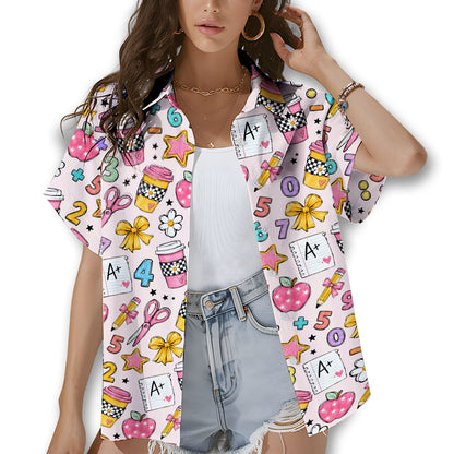 Lifestyle view of someone wearing the back to school hawaiian shirt with pink doodles