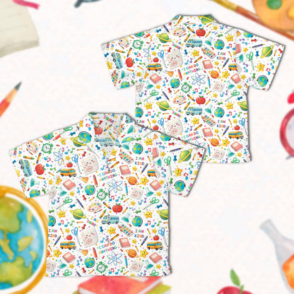 Matching family back to school hawaiian shirt in white with educational pattern and affirmations, main view