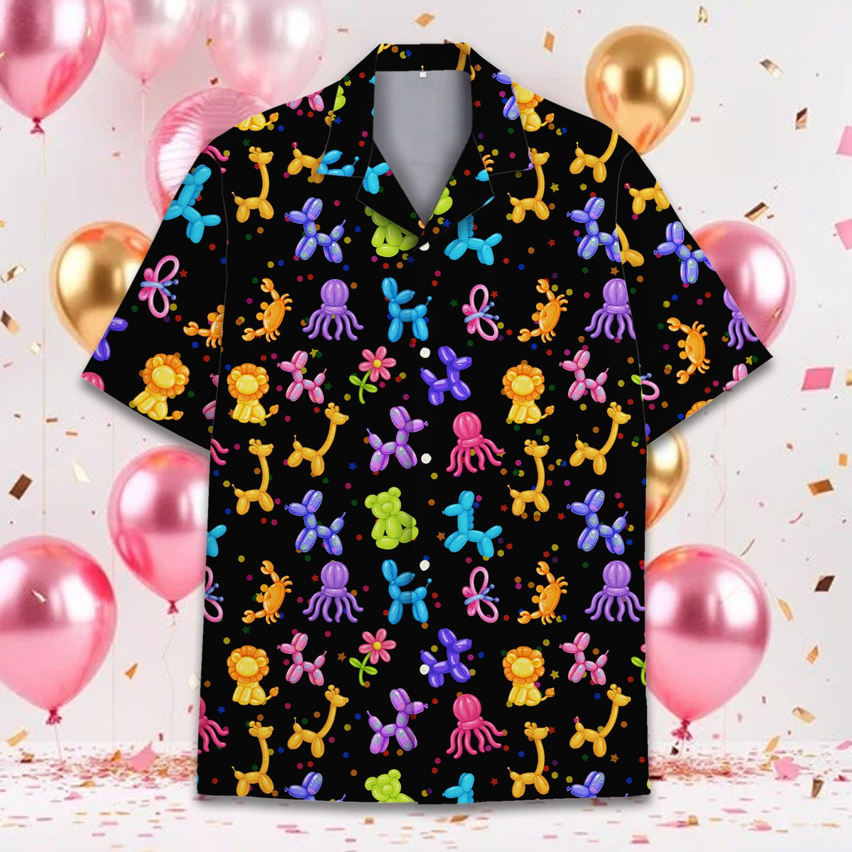 Close up front view of the balloon animals hawaiian shirt pattern
