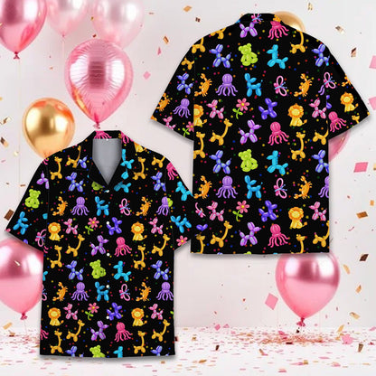 Detailed front view showing the vibrant balloon animal print on black