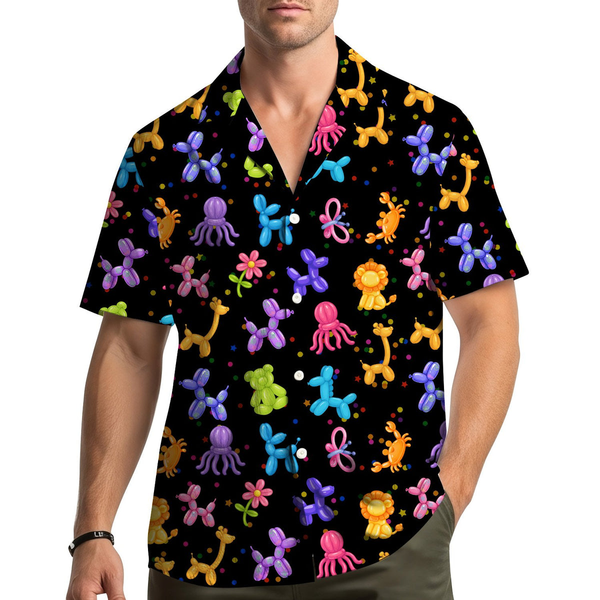 Main view of the balloon animals hawaiian shirt featuring colorful shapes on a black background