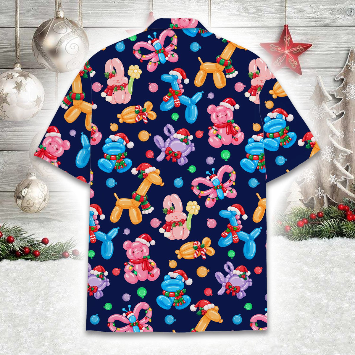 Second back view of the holiday balloon animals hawaiian shirt
