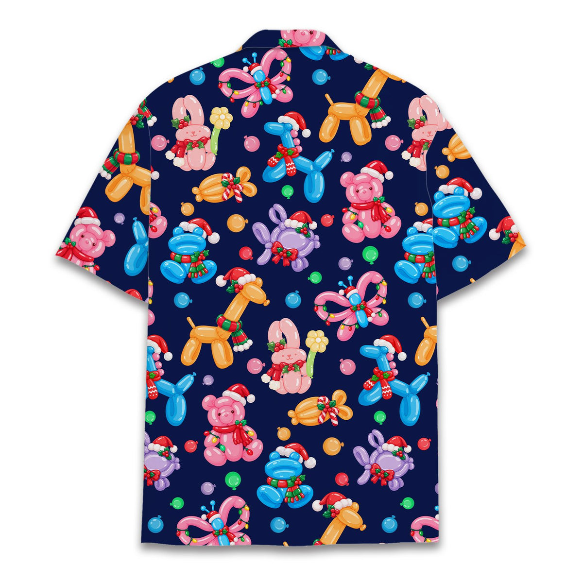 Detailed back view of the colorful balloon animals hawaiian shirt