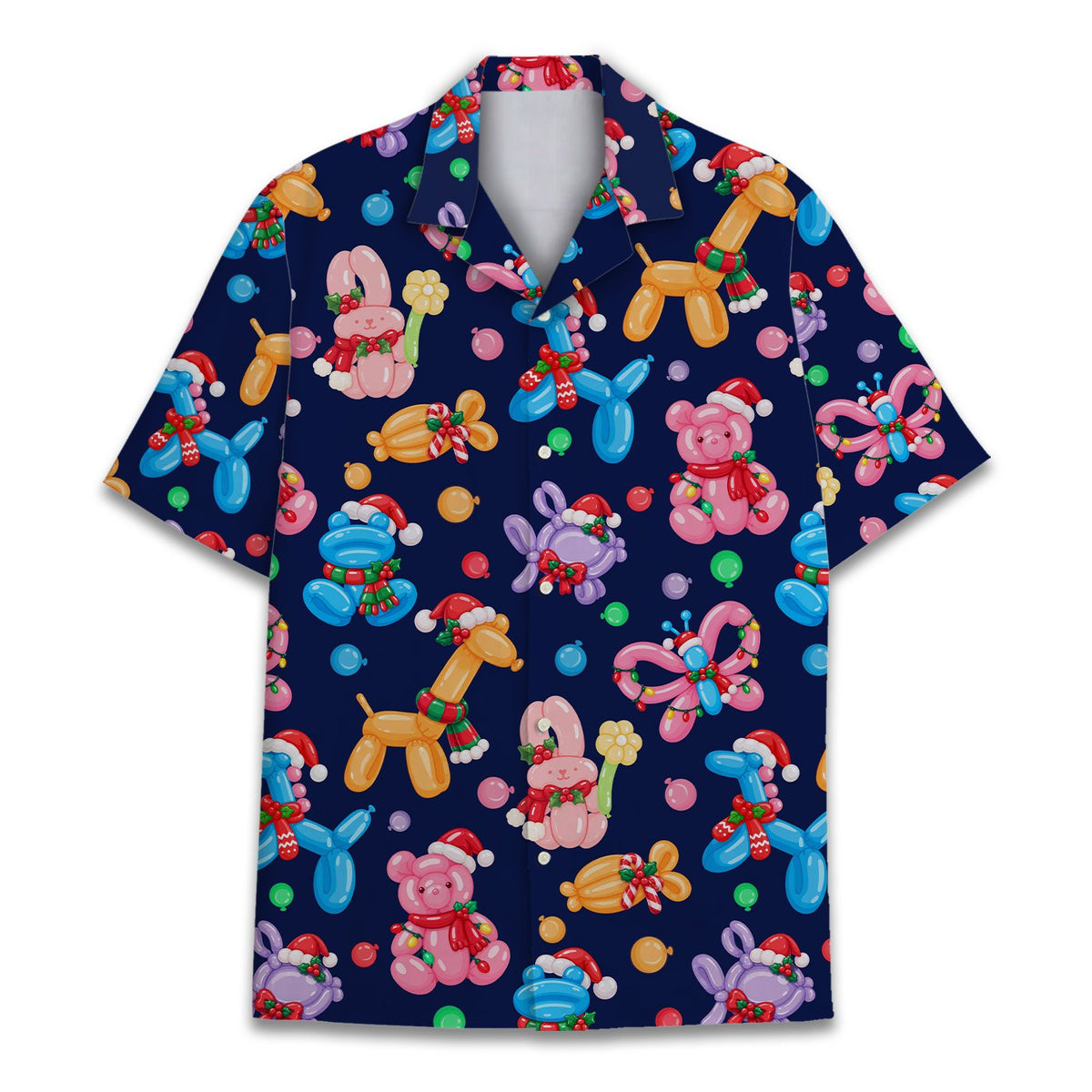 Colorful balloon animals hawaiian shirt with Santa hats front view