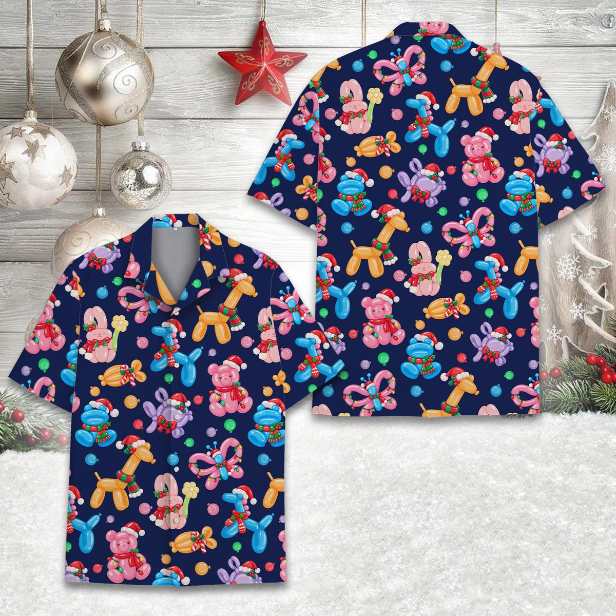 Front view of the balloon animals hawaiian shirt in navy blue