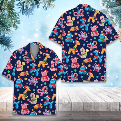 Detailed front view of the navy balloon animals hawaiian shirt