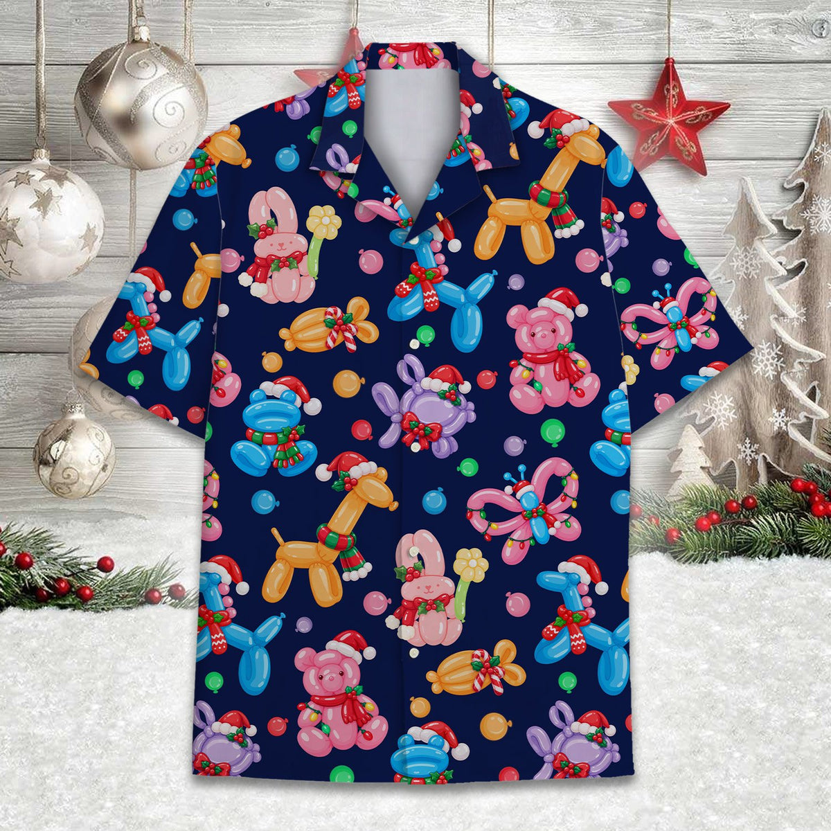 Another front view of the christmas balloon animals hawaiian shirt