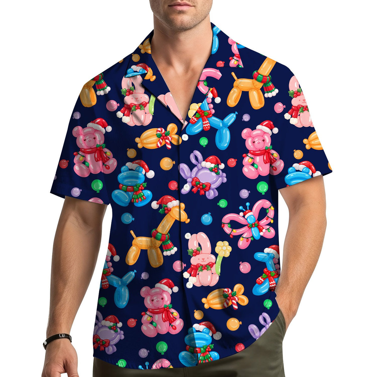 Lifestyle view showing the balloon animals hawaiian shirt being worn