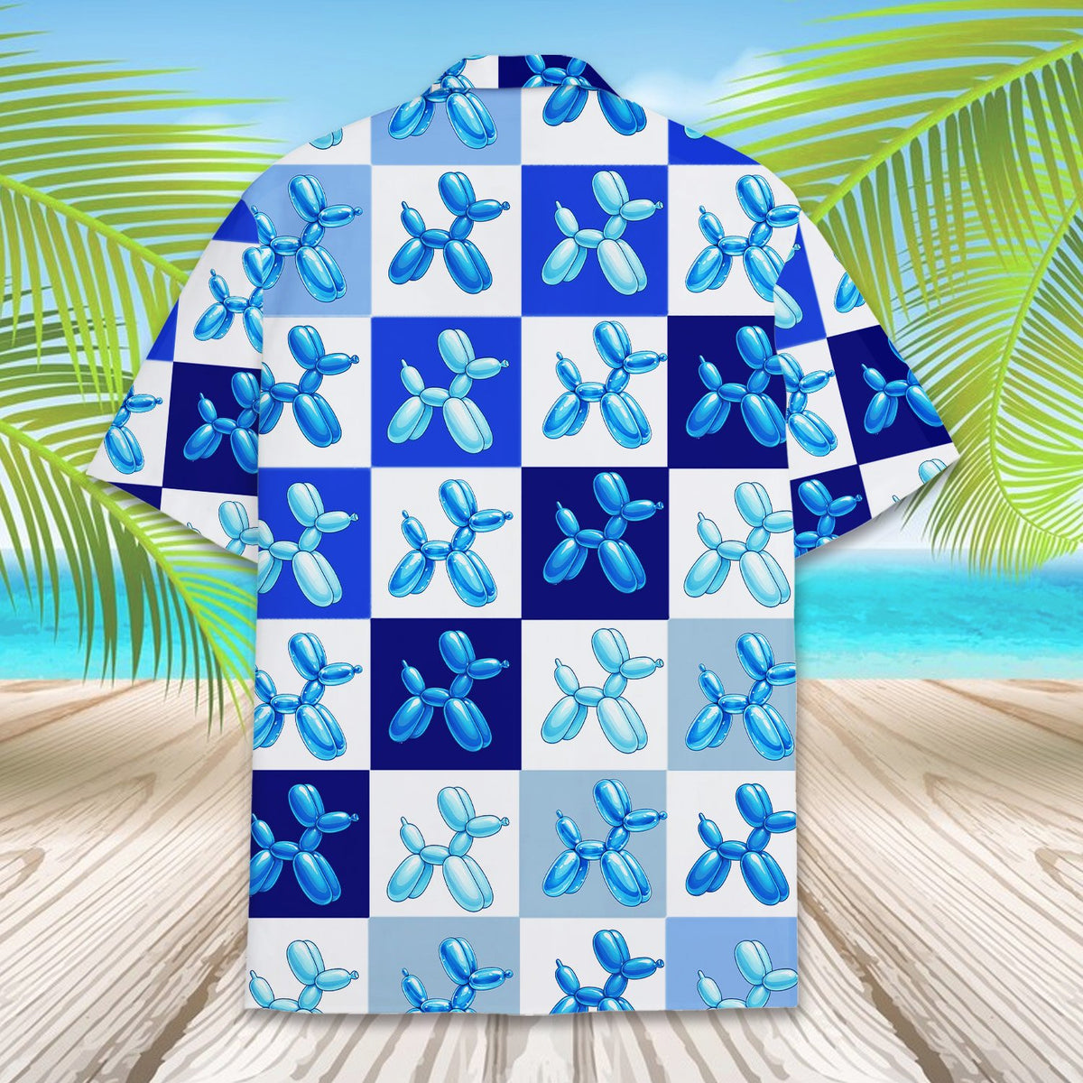 Back view of the blue balloon hawaiian shirt displaying the continuous checkered pattern