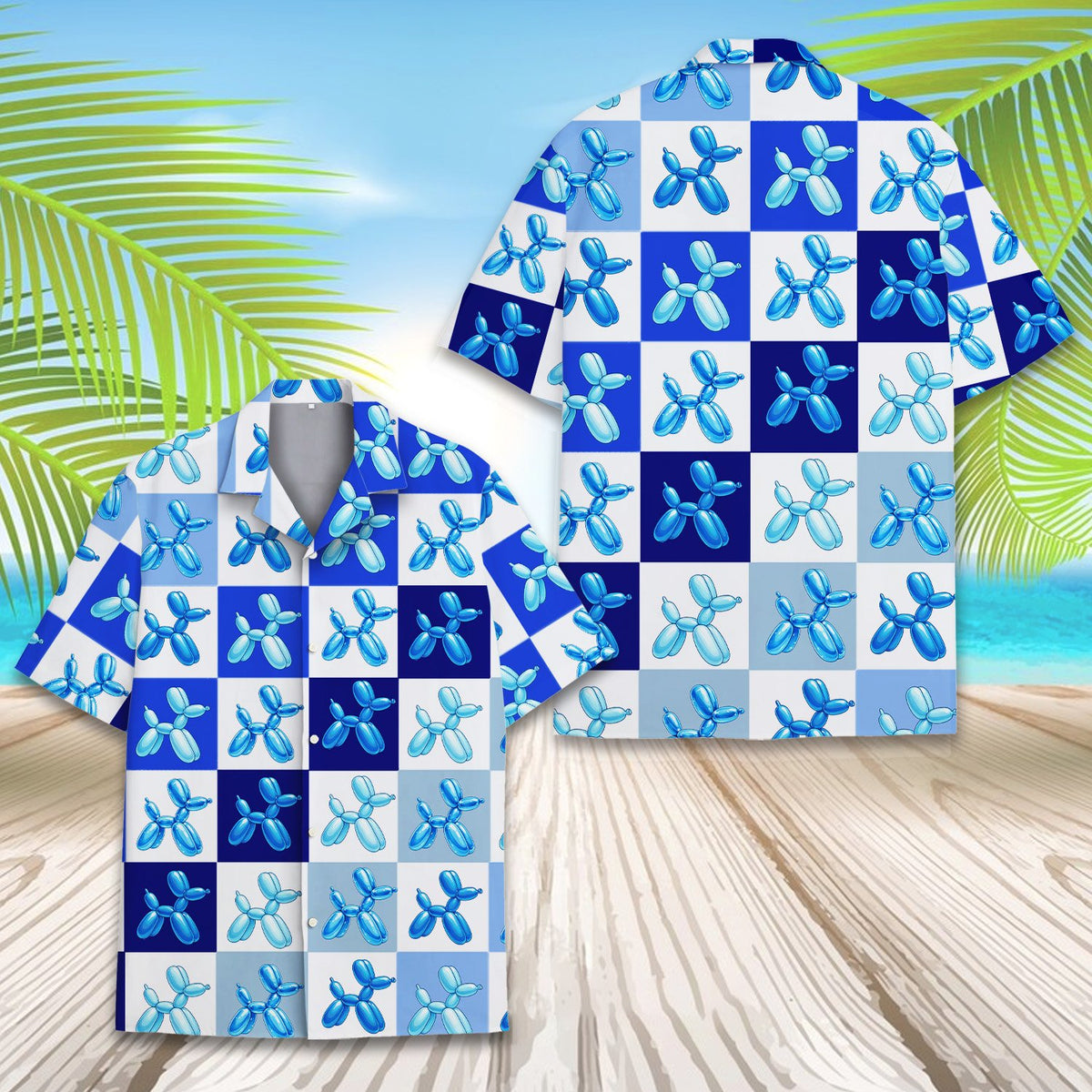 Another front view of the blue balloon hawaiian shirt