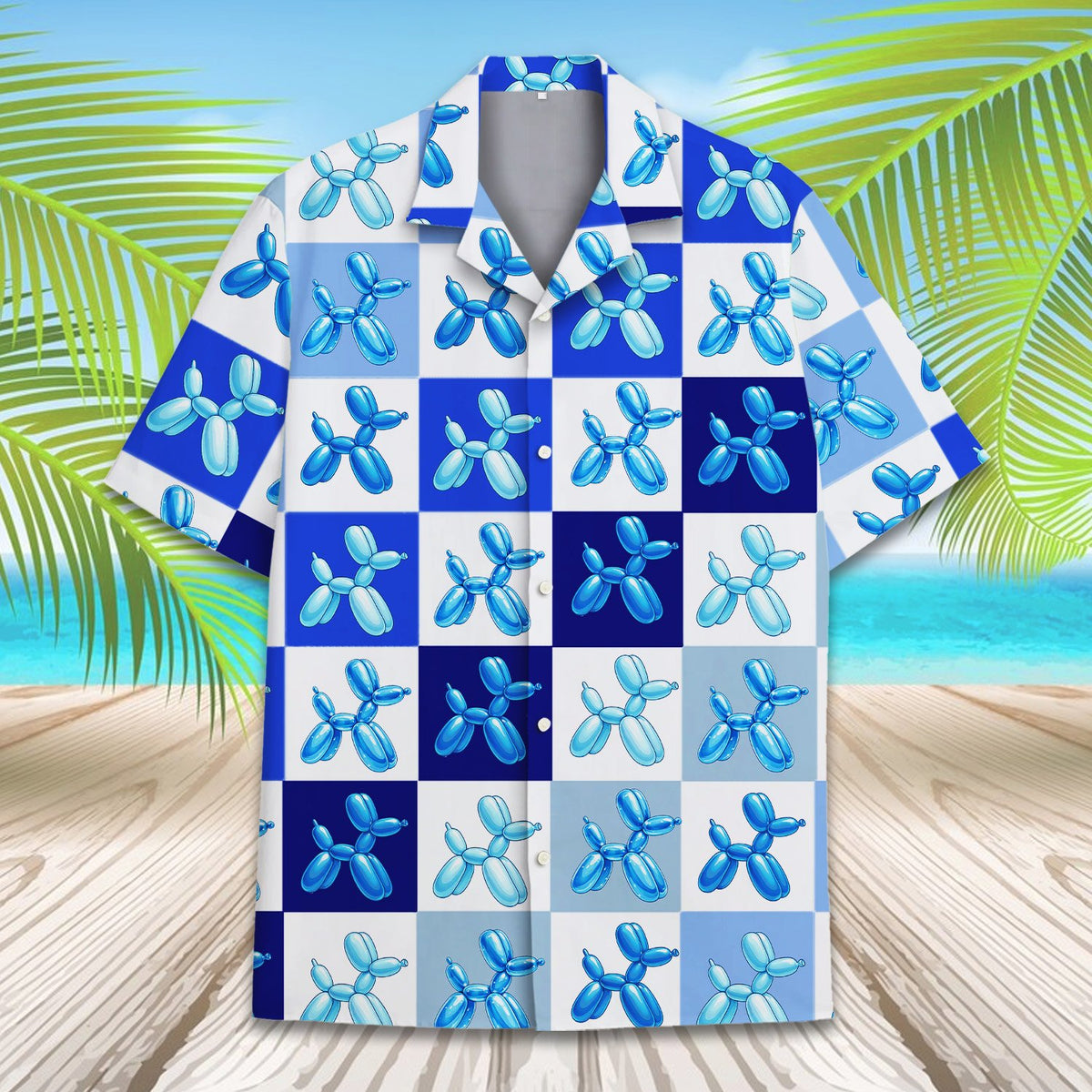Front detail view of the matching family hawaiian shirts with blue and white squares