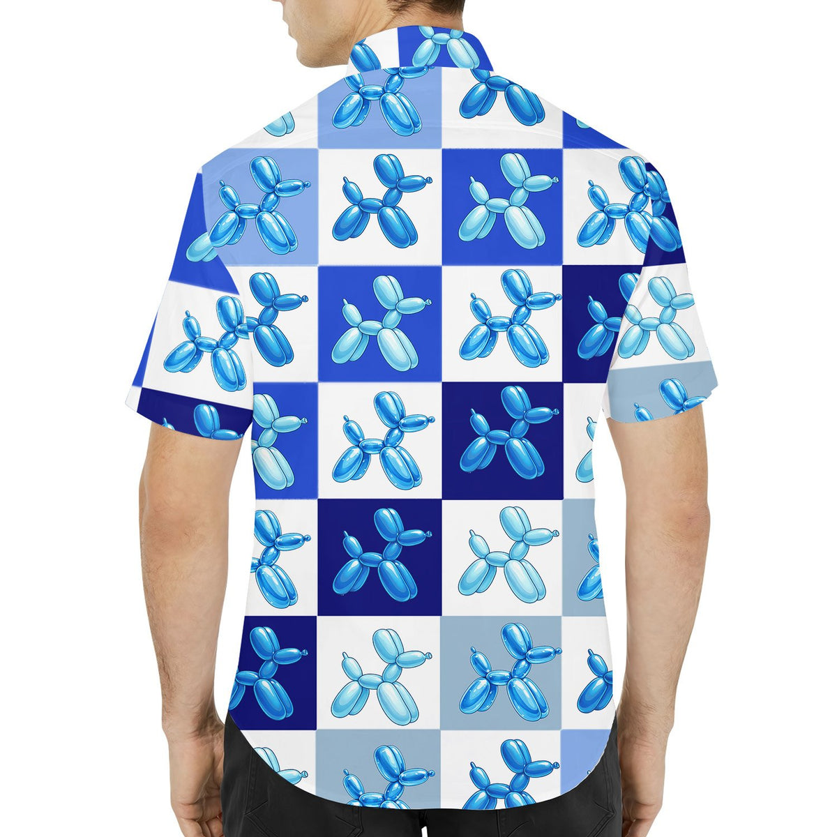 Another lifestyle view of the patterned hawaiian shirt