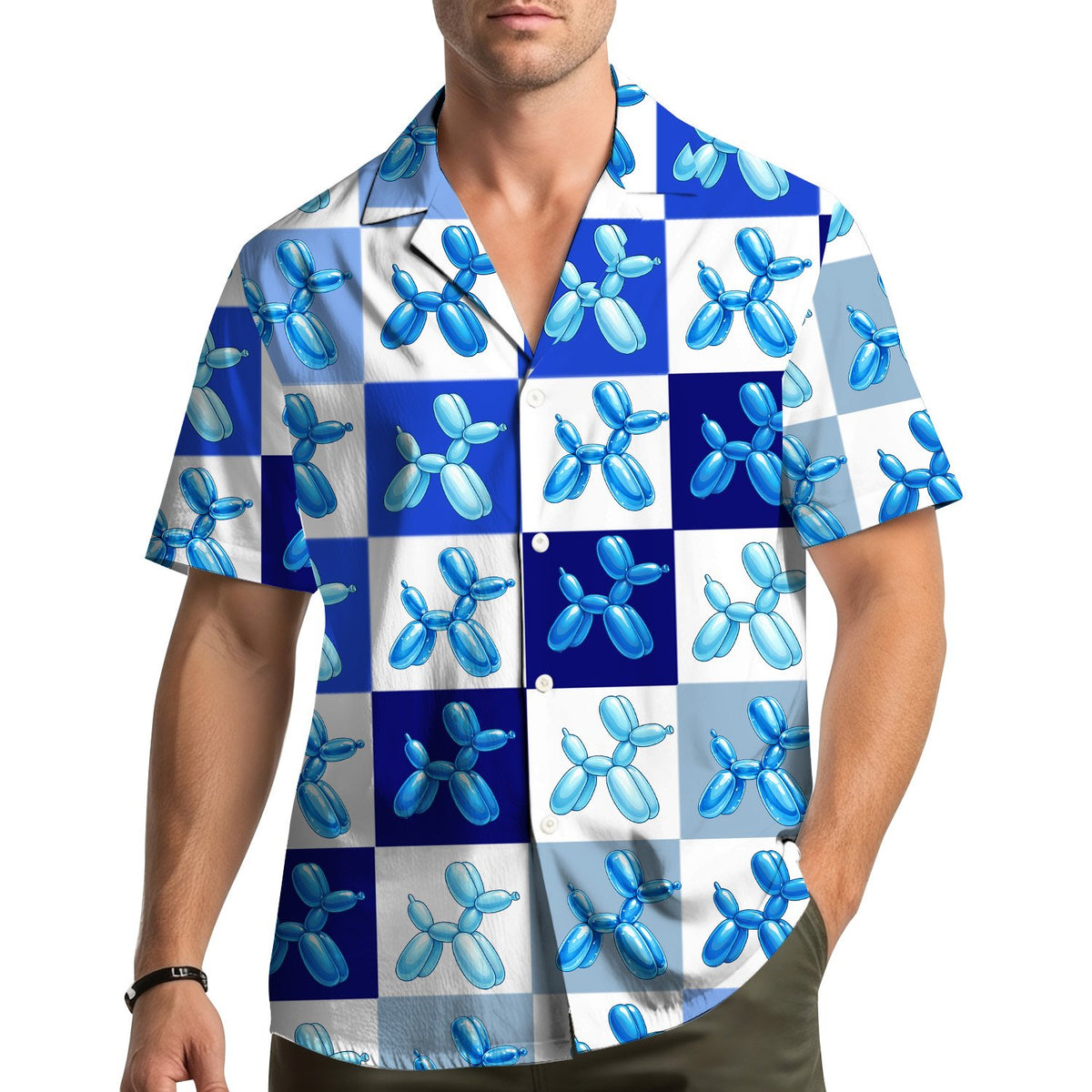 Lifestyle view of a person wearing the blue balloon hawaiian shirt outdoors