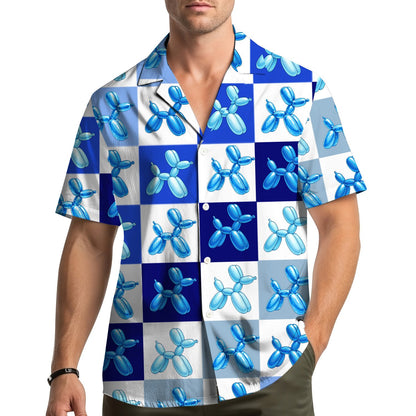 Lifestyle view of a person wearing the blue balloon hawaiian shirt outdoors