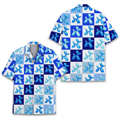 Alternative angle view of the blue balloon hawaiian shirt laid flat