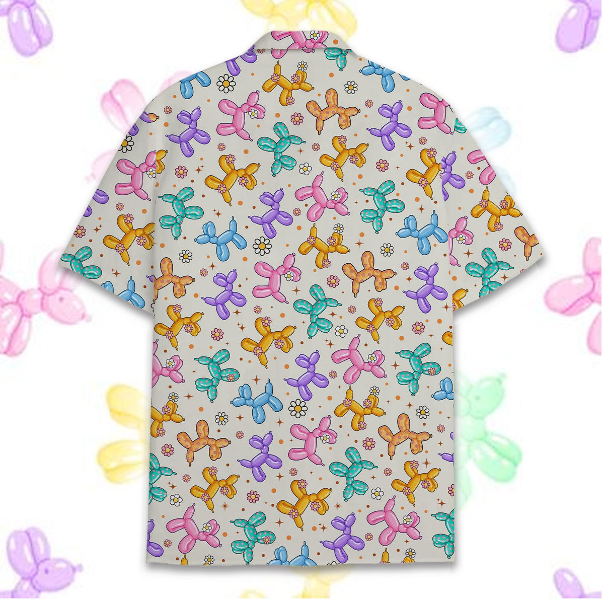 Another back view of the balloon dog patterned Hawaiian shirt
