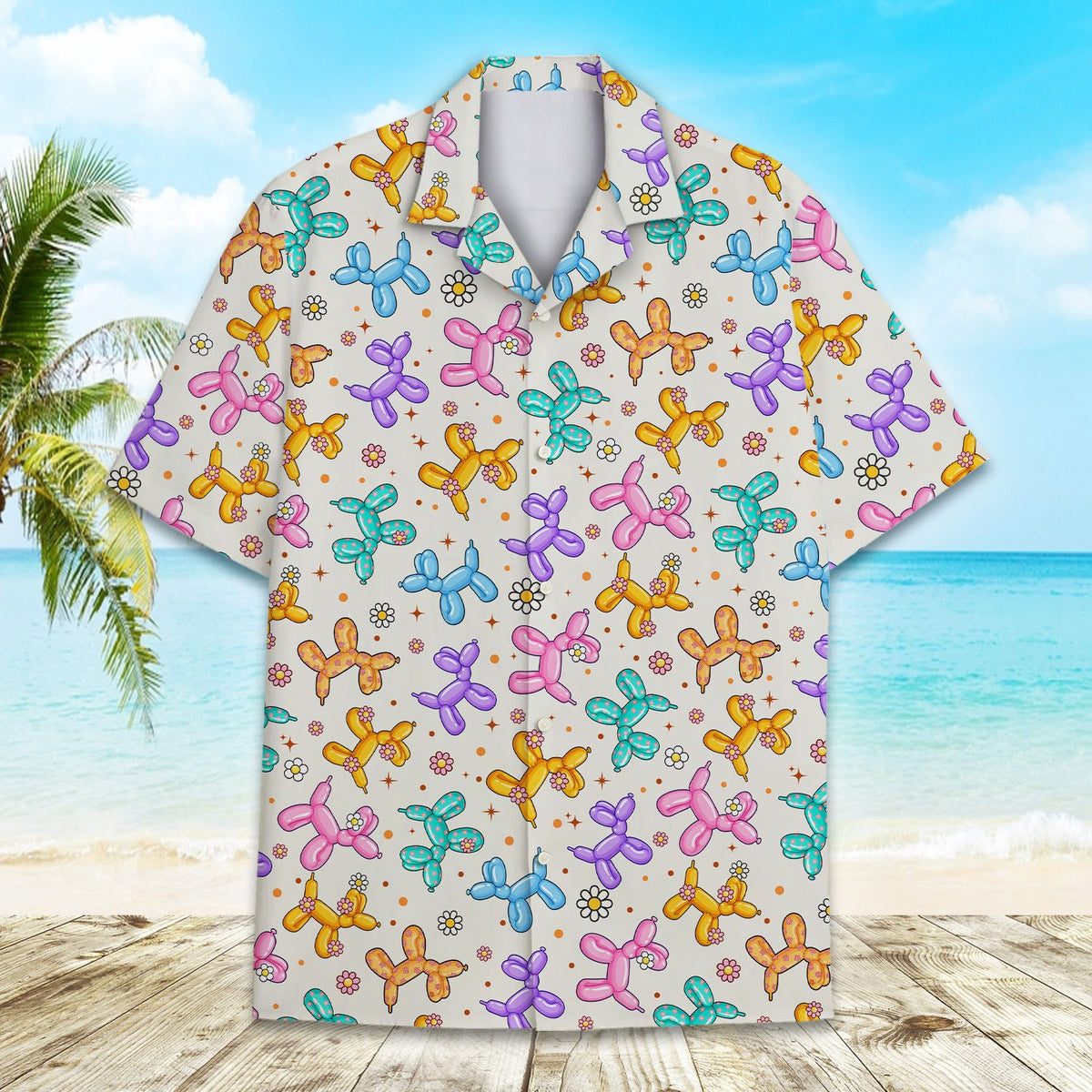 Another front view of the balloon dog patterned Hawaiian shirt