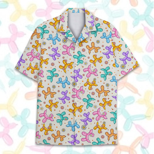 Main view of the multicolor balloon hawaiian shirt featuring a balloon dog pattern