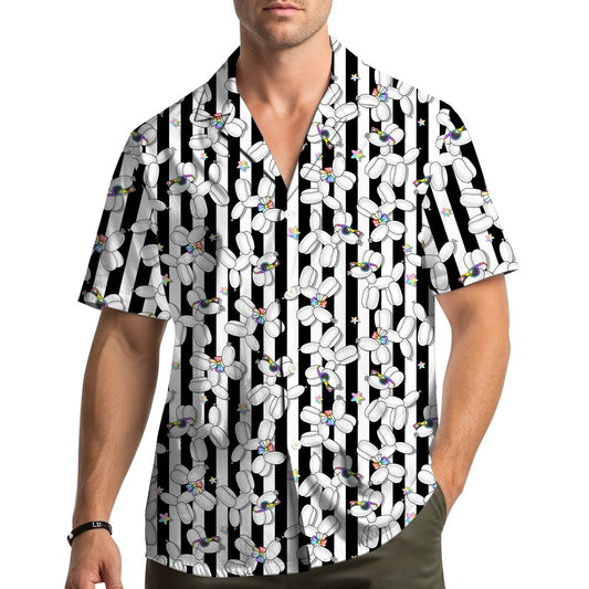 Black balloon hawaiian shirt featuring white balloon animals and colorful stars, main view