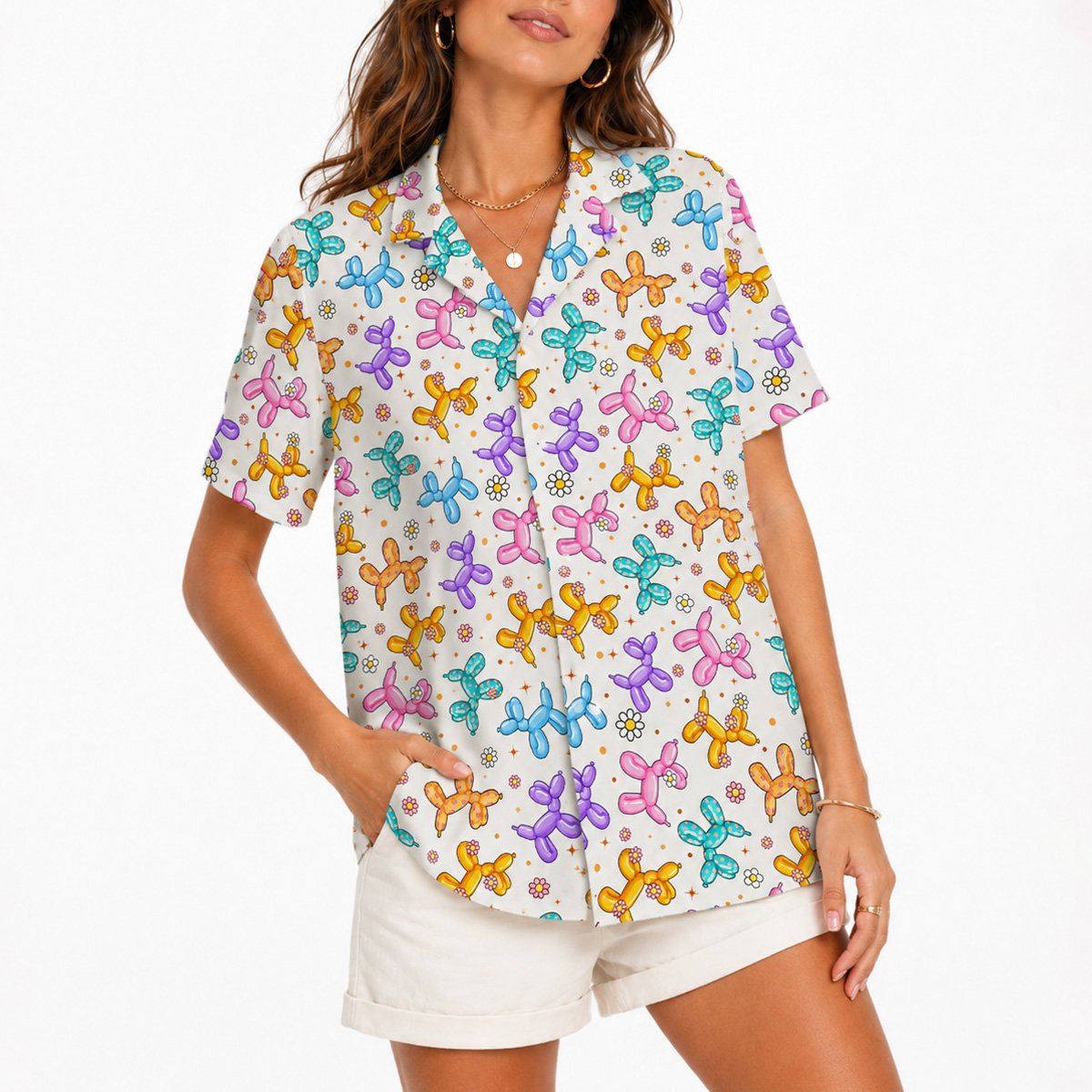 Lifestyle view of a family wearing the matching balloon dog hawaiian shirts outdoors