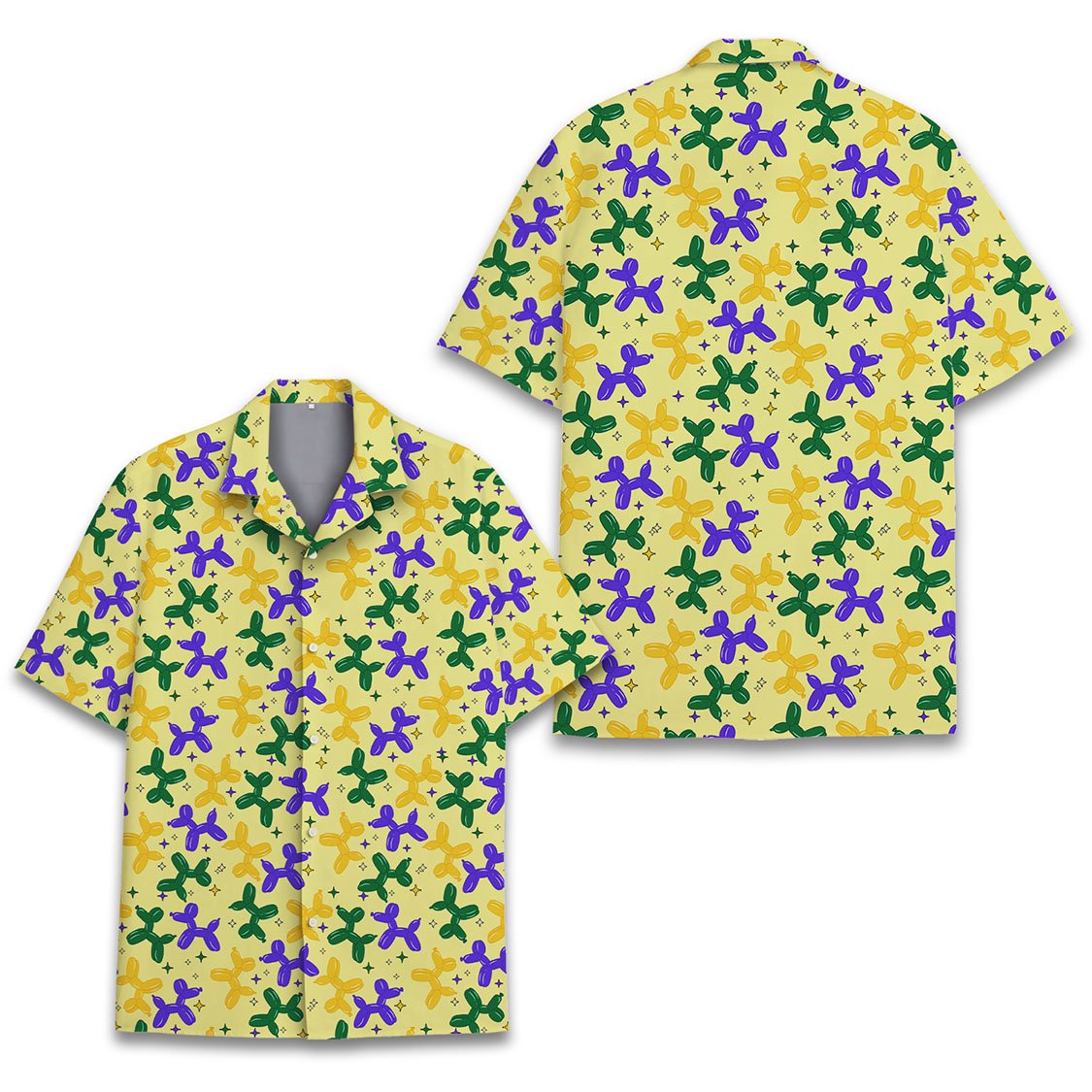 Matching family hawaiian shirts in light yellow with balloon animal pattern, main view