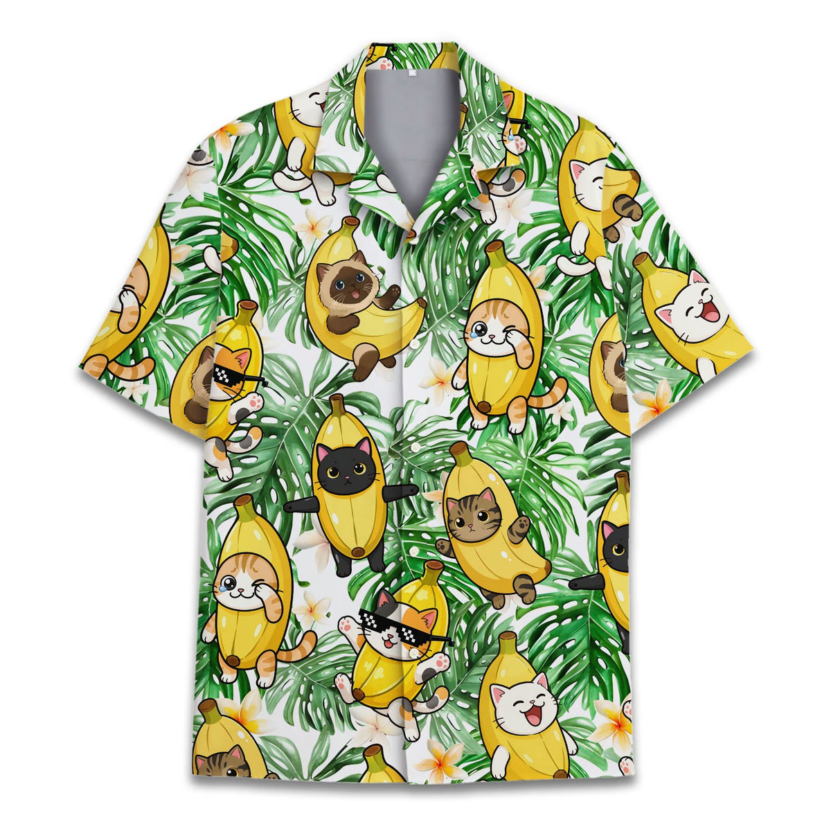 Matching family hawaiian shirts with banana and floral print, front view