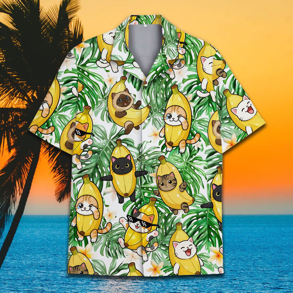 Close up lifestyle view of the white banana hawaiian shirt