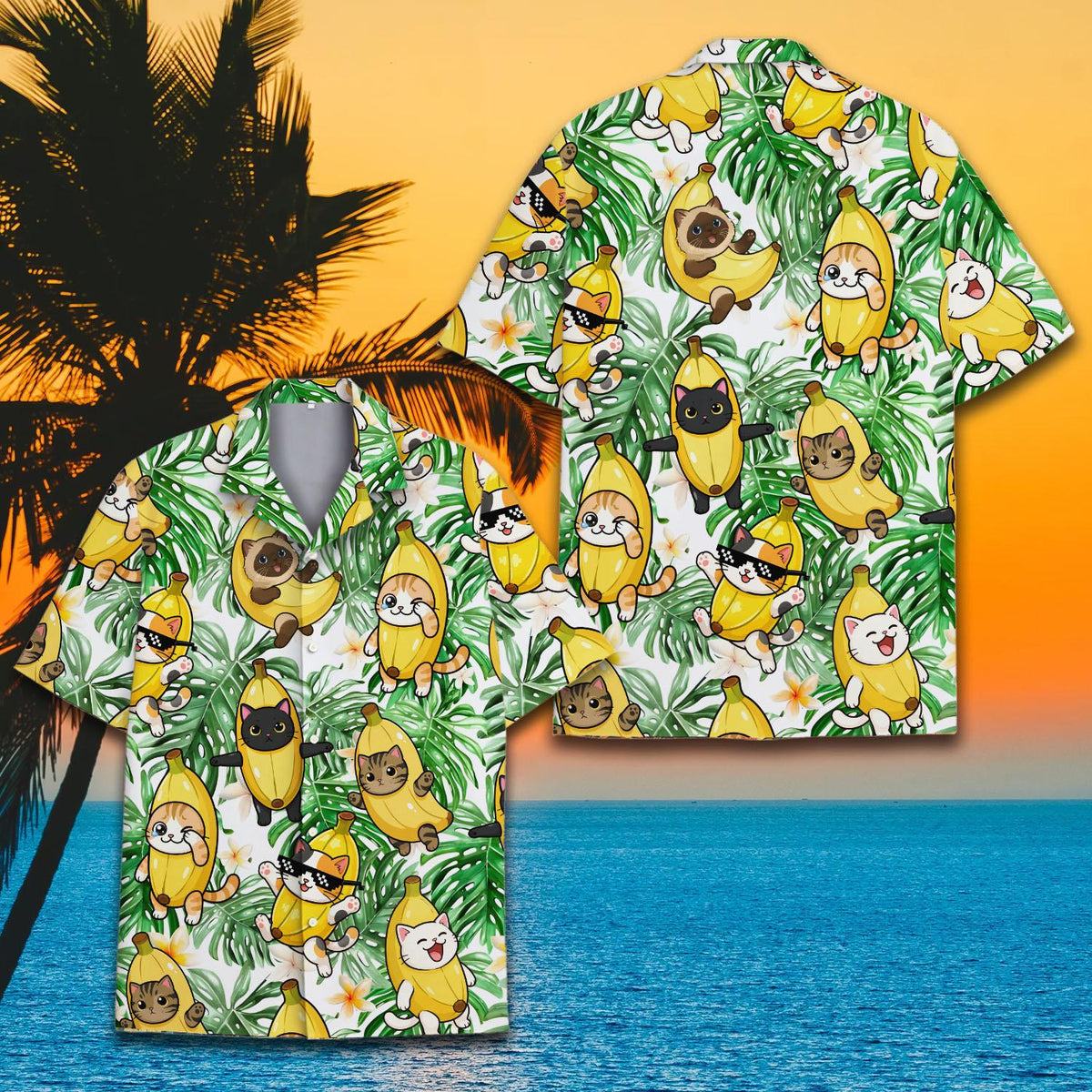 Family group wearing matching family hawaiian shirts outdoors